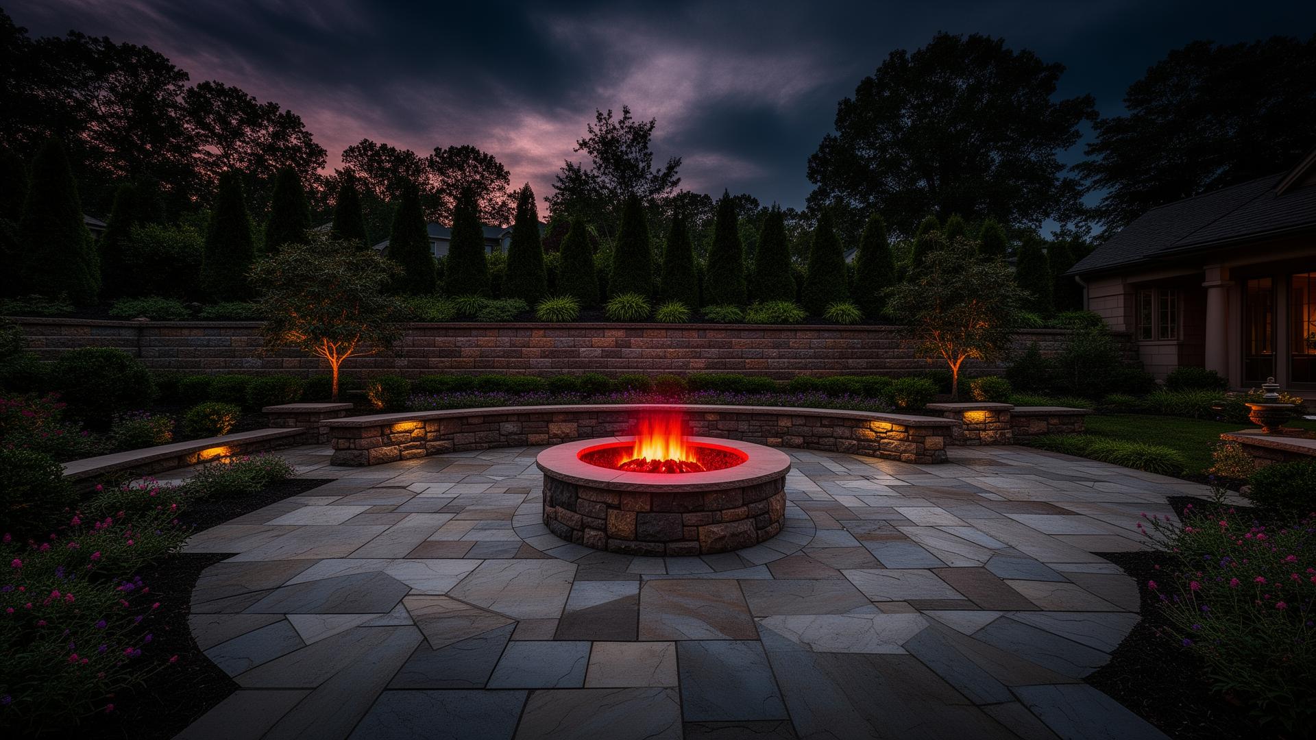 Premium hardscape patio at dusk